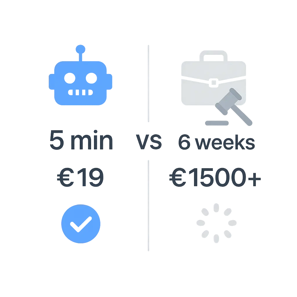AI-generated legal documents vs traditional lawyer services comparison showing 98% cost savings for privacy policy and terms generation