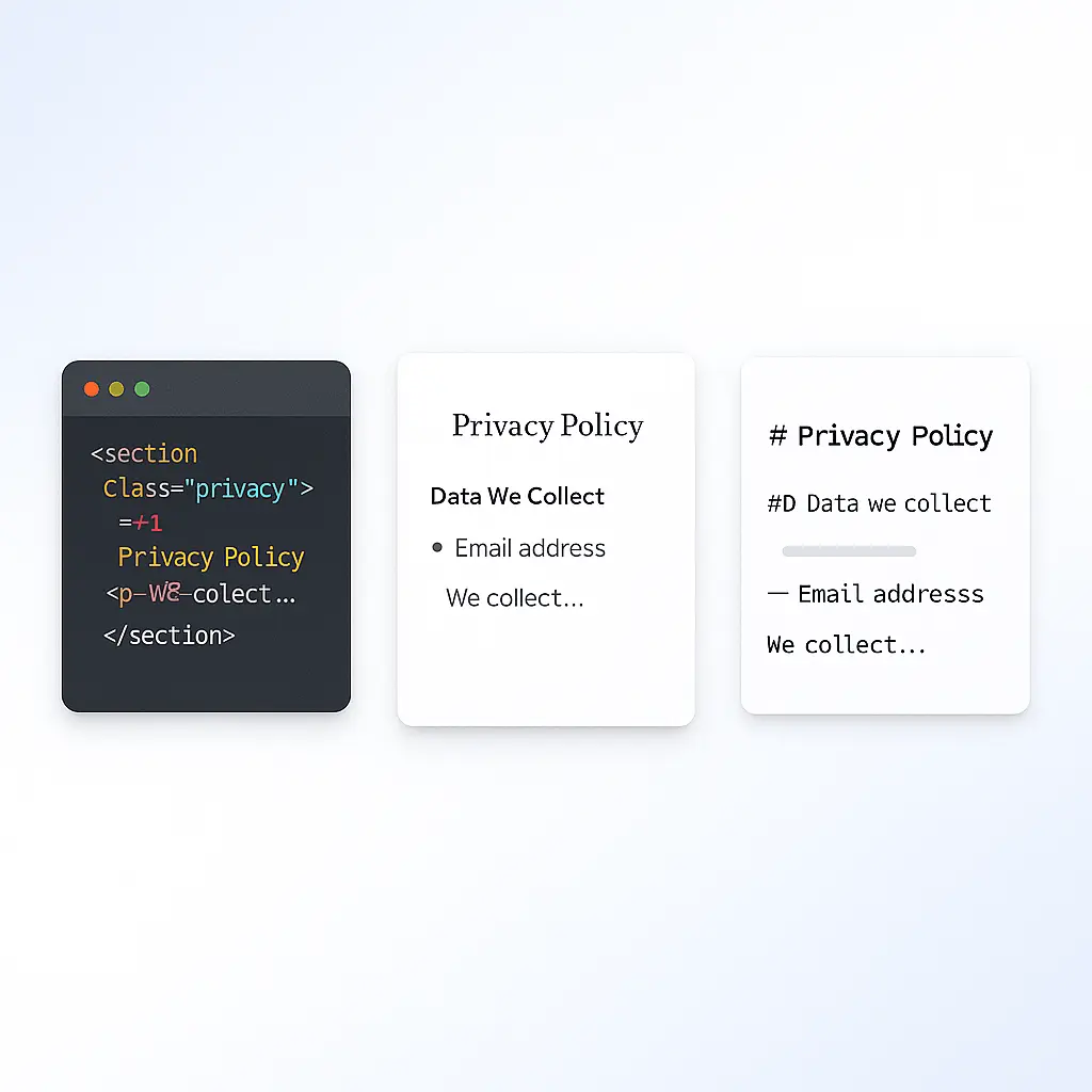 Legal documents available in HTML, plain text and Markdown formats for easy website integration