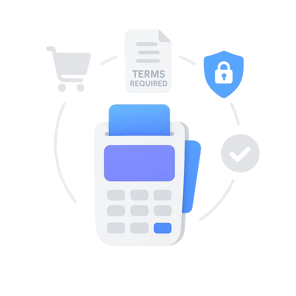 E-commerce legal compliance requirements showing need for terms of sale and privacy policies for online payment processing